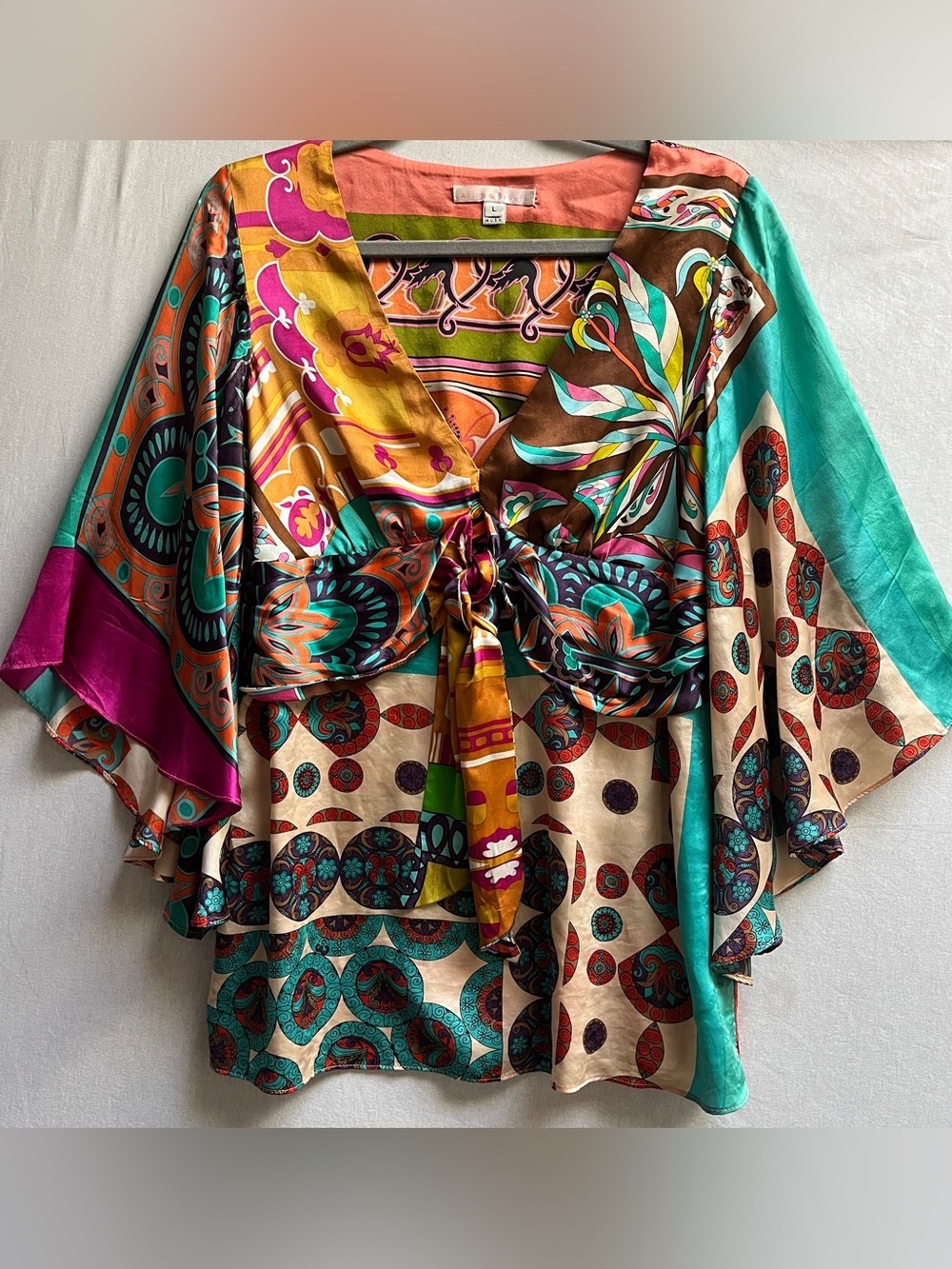 Alice & Trixie 100% Silk Plunging Tie Front Smocked Blouse Size L